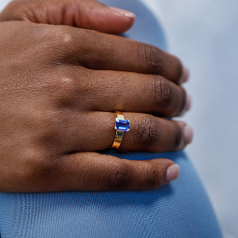 Stylish Proposal Engagement Ring with navy blue emerald cut sapphire in 14k or 18k gold by SHW cool fine jewelry store in NYC nearby