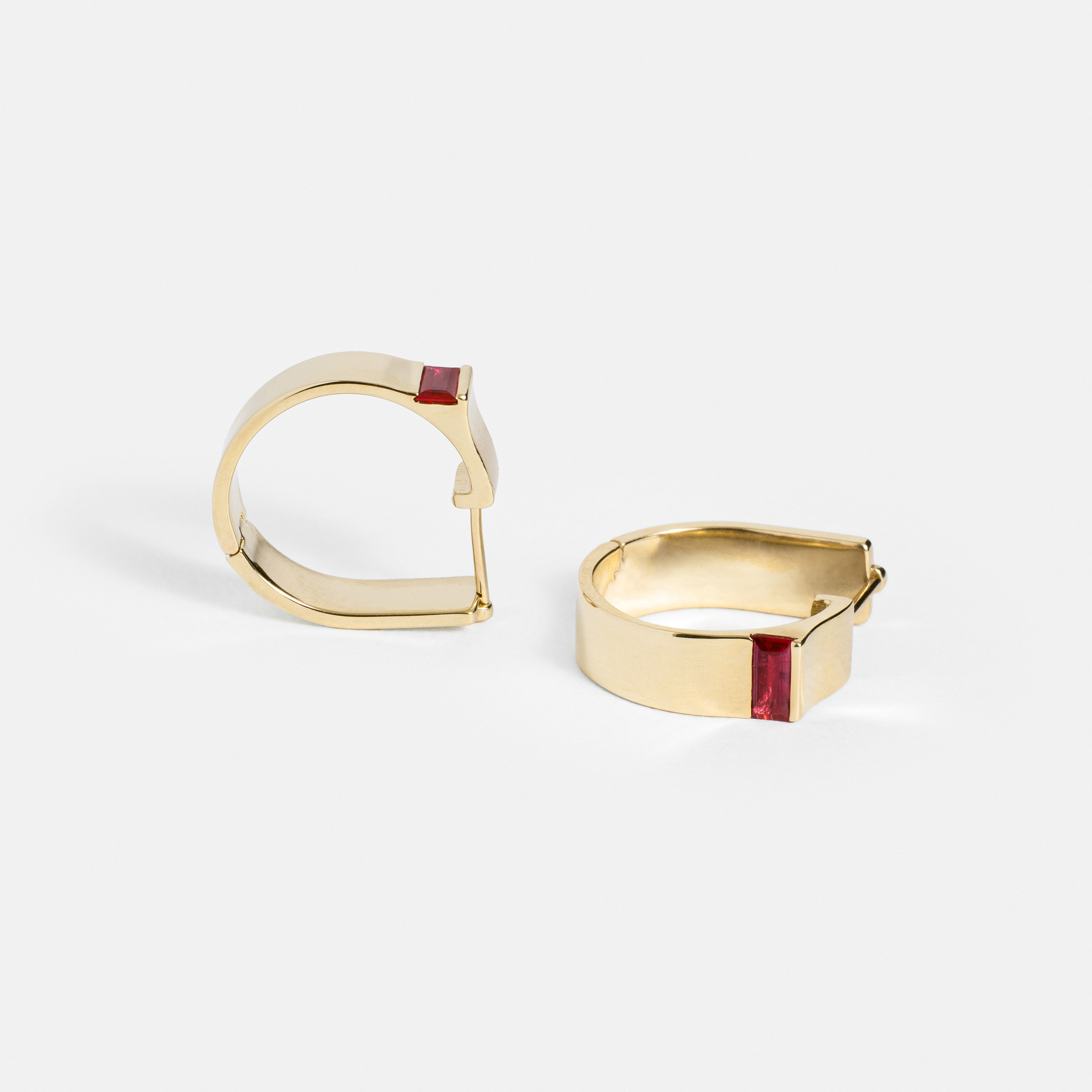 5mm Braga Earrings with baguette-cut natural red ruby Alternative Hoops in14k Yellow White Rose Gold set with unique precious gemstones By SHW Fine Jewelry NYC